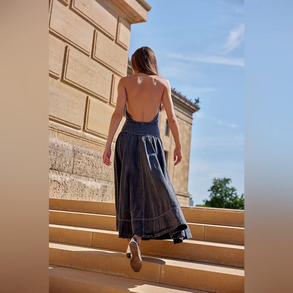 Free People Black Denim Button Down Halter Neck Backless Soundwave Maxi Dress